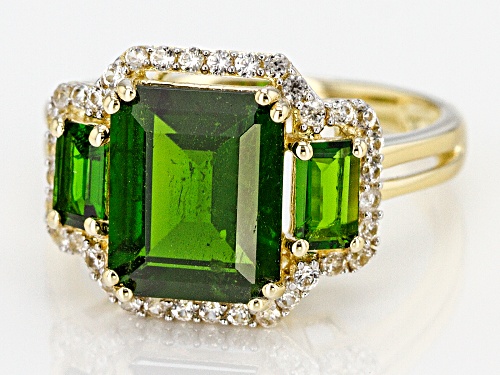 3.57ctw Emerald Cut Chrome Diopside With .23ctw Round White Zircon 10k Yellow Gold Ring - Size 7