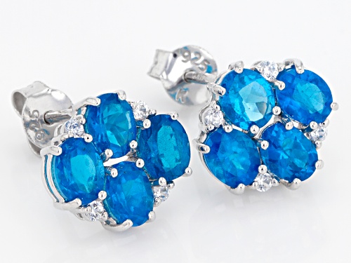 Exotic Jewelry Bazaar™ 2.51ctw Oval Neon Blue Apatite With .12ctw Zircon Silver 4-Stone Earrings