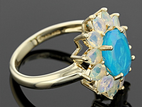 1.06ct Oval Paraiba Color Ethiopian Opal And 1.12ctw Pear Shape Ethiopian Opal 10k Yellow Gold Ring - Size 8