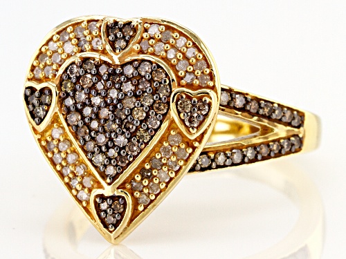 Engild™ 0.55ctw Round Champagne & White Diamond 14K Yellow Gold Over Sterling Silver Heart Ring - Size 6