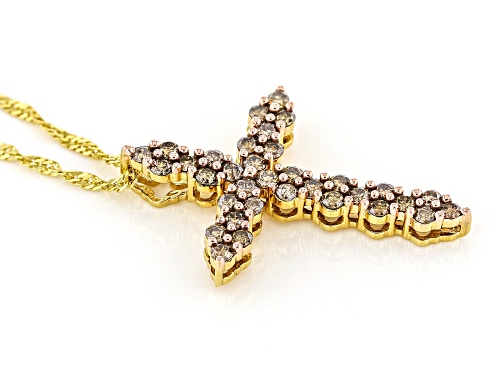 Engild™ 1.00ctw Round Champagne Diamond 14k Yellow Gold Over Sterling Silver Cross Slide Pendant