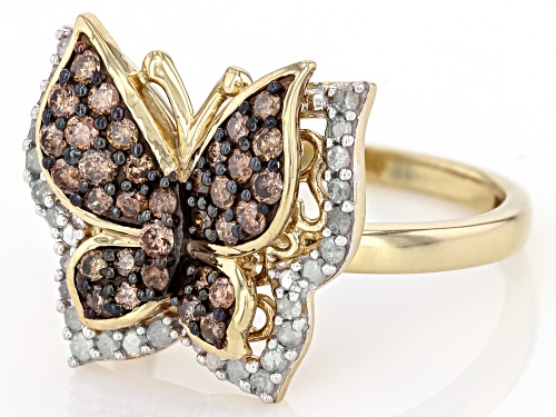 Engild™ 0.75ctw Champagne And White Diamond 14k Yellow Gold Over Sterling Silver Butterfly Ring - Size 6