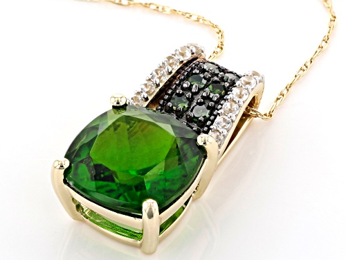 2.93ct Square Cushion Chrome Diopside .13ctw Zircon And.12ctw Green Diamond 10k Gold Pendant W/Chain