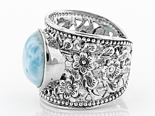 Round Cabochon Larimar Sterling Silver Wide Floral Design Band Ring - Size 7