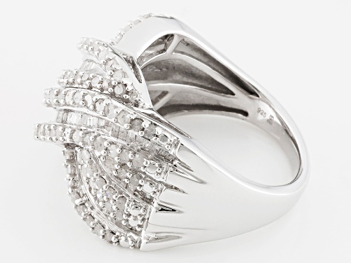 1.50ctw Baguette And Round White Diamond Rhodium Over Sterling Silver Crossover Ring - Size 7