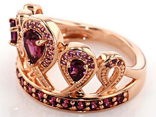 1.45CTW PEAR SHAPE AND ROUND RASPBERRY COLOR RHODOLITE 18K ROSE GOLD OVER SILVER CROWN RING - Size 5