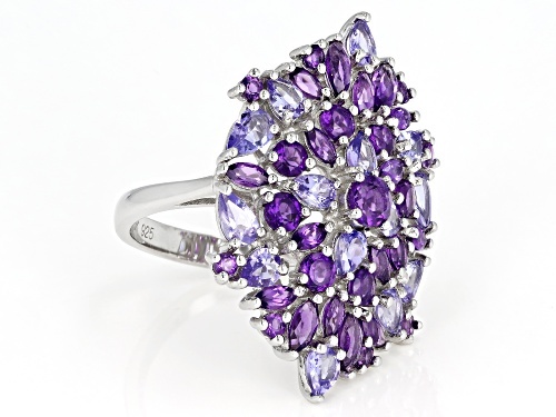 2.49ctw Marquise & Round Amethyst With 2.14ctw Pear Shape Tanzanite Rhodium Over Silver Cluster Ring - Size 6