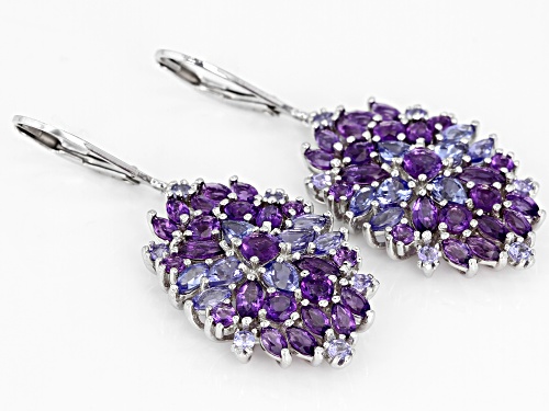 3.51ctw Mixed Shape African Amethyst & 1.94ctw Tanzanite Rhodium Over Silver Dangle Earrings