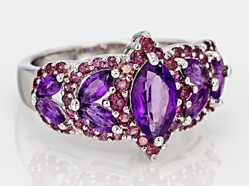 1.35ctw Marquise African Amethyst & .74ctw Raspberry Color Rhodolite Rhodium Over Silver Ring - Size 9
