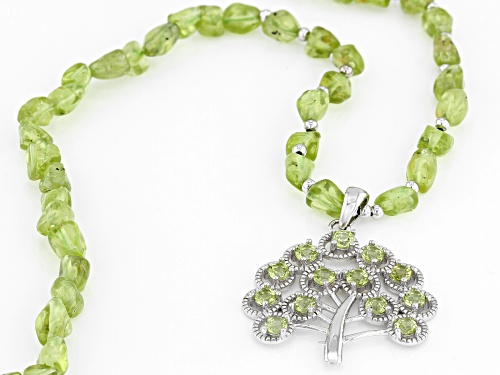 1.60ctw Round & 4x6mm Nugget Manchurian Peridot(TM) Silver Tree of Life Bead Necklace - Size 18