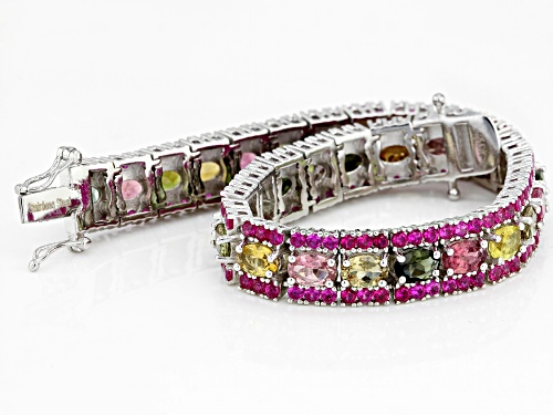 11.65ctw Oval Mixed-Color Tourmaline & 7.23ctw Lab Created Ruby Rhodium Over Silver Bracelet - Size 8