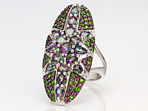 4.16CTW MYSTIC FIRE® GREEN TOPAZ, RHODOLITE AND CHROME DIOPSIDE RHODIUM OVER SILVER RING - Size 8