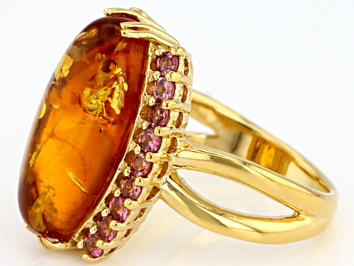 20x10mm oval amber cabochon with .61ctw pink tourmaline 18k yellow gold over sterling silver ring - Size 8