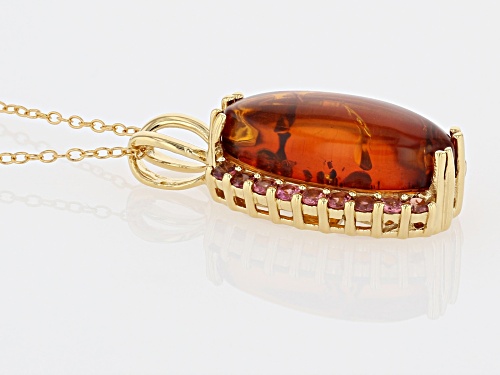 20x10mm amber with .61ctw pink tourmaline 18k gold over sterling silver pendant with chain