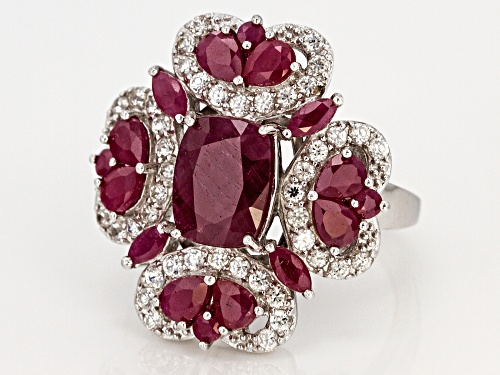 4.31CTW INDIAN RUBY WITH .78CTW WHITE ZIRCON RHODIUM OVER STERLING SILVER RING - Size 6