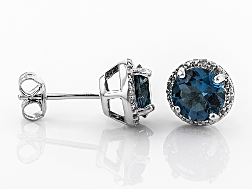 2.70ctw Round London Blue Topaz With .02ctw Diamond Accent Rhodium Over Silver Halo Earrings