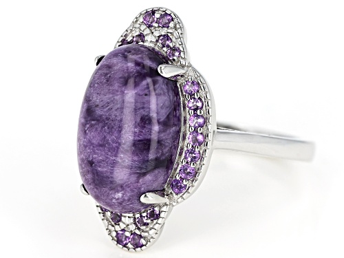 16x10mm Oval Charoite & .27ctw Round African Amethyst Rhodium Over Silver Ring - Size 9