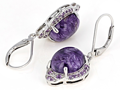 12x10mm Oval Charoite & .40ctw Round African Amethyst Rhodium Over Silver Dangle Earrings