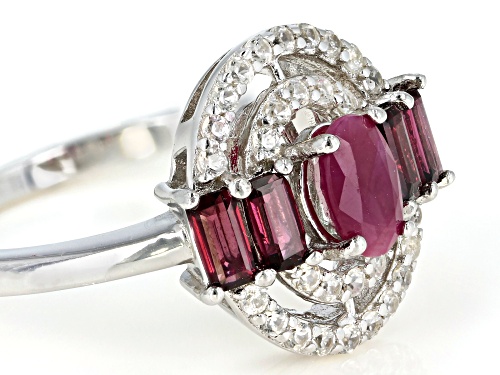 .52ct Burmese Ruby, .51ctw Raspberry Color Rhodolite & .23ctw White Zircon Rhodium Over Silver Ring - Size 11