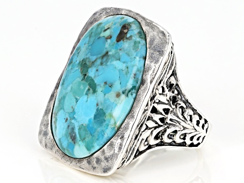 25.5x17.5MM OVAL CABOCHON TURQUOISE SOLITAIRE RHODIUM OVER STERLING SILVER RING - Size 7