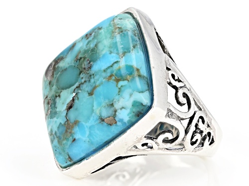 20X20MM SQUARE CABOCHON TURQUOISE SOLITAIRE RHODIUM OVER STERLING SILVER RING - Size 7