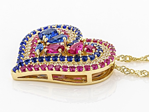 2.24ctw Lab Blue Spinel & Ruby, .34ctw White Zircon 18k Gold Over Silver Heart Pendant W/Chain