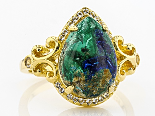 14x10mm Pear Shape Azurmalachite & .16ctw White Topaz 18k Yellow Gold Over Sterling Silver Ring - Size 9