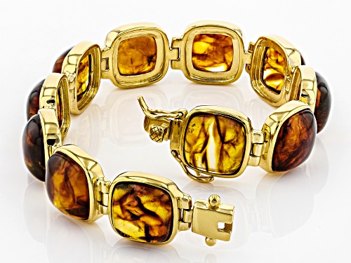12X12MM SQUARE CABOCHON AMBER 18K YELLOW GOLD OVER STERLING SILVER BRACELET - Size 8