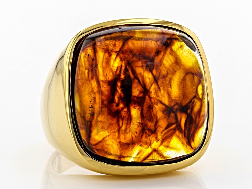 18X18MM SQUARE CABOCHON AMBER 18K YELLOW GOLD OVER STERLING SILVER RING - Size 8