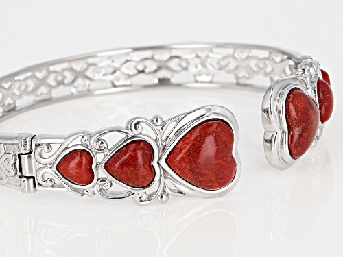 HEART SHAPE CABOCHON RED CORAL RHODIUM OVER STERLING SILVER CUFF BRACELET - Size 8