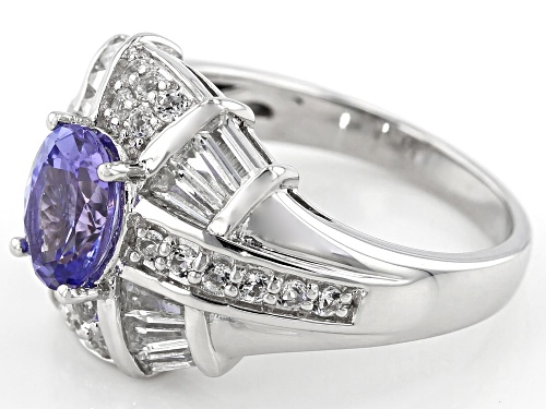 1.14CT OVAL TANZANITE & .88CTW MIXED WHITE TOPAZ RHODIUM OVER STERLING SILVER RING - Size 10