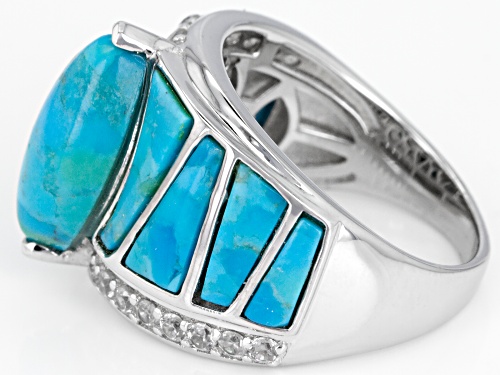 14x7MM MARQUISE & MIXED SHAPE CABOCHON TURQUOISE WITH .45CTW WHITE ZIRCON RHODIUM OVER SILVER RING - Size 5