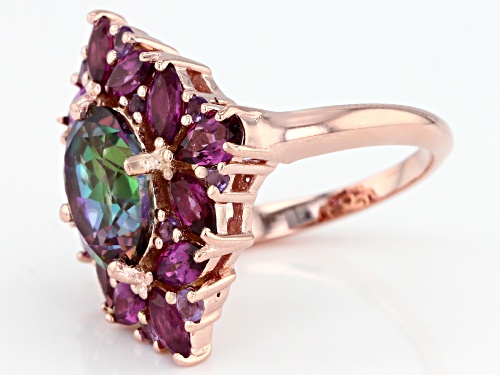 2.82ct Mystic Fire® Green Topaz, 1.89ctw Rhodolite & .20ctw Amethyst 18k Rose Gold Over Silver Ring - Size 7
