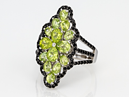 2.67ctw Pear Shape Manchurian Peridot™ and .60ctw Round Black Spinel Rhodium Over Silver Ring - Size 7