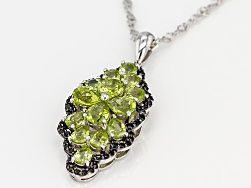 2.67ctw Pear Shape Manchurian Peridot™ and .30ctw Black Spinel Rhodium Over Silver Pendant W/Chain