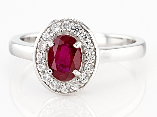 1.00ct Red Mahaleo® Ruby and .38ctw White Zircon Rhodium Over Sterling Silver Halo Ring - Size 9