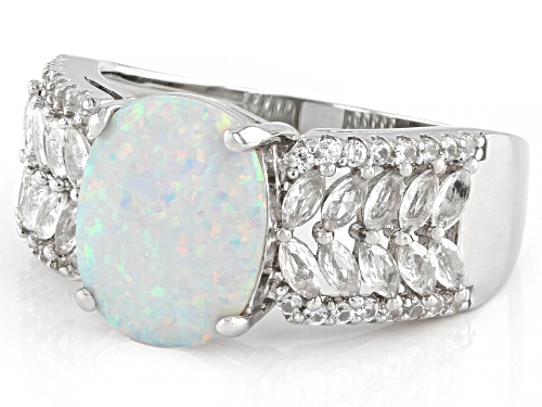 11x9mm Cushion Lab Created Opal & 0.89ctw Lab Created White Sapphire Rhodium Over Silver Ring - Size 8