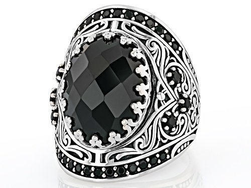 8.57ct Oval And 0.65ctw Round Black Spinel Rhodium Over Sterling Silver Ring - Size 6