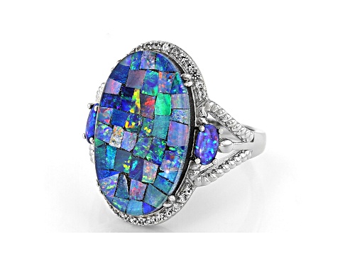 Mosaic Opal Triplet with Lab Blue Opal & 0.11ctw Lab White Sapphire Rhodium Over Silver Ring - Size 7