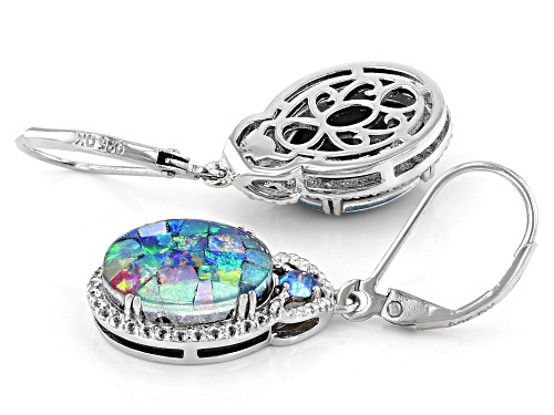 12x10mm Oval Mosaic Opal Triplet, Lab Blue Opal, 0.11ctw Lab Sapphire Rhodium Over Silver Earrings
