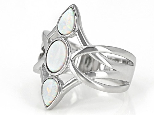 7x5mm Oval and 6x4mm Pear Lab Created Opal Rhodium Over Sterling Silver 3-Stone Ring - Size 7