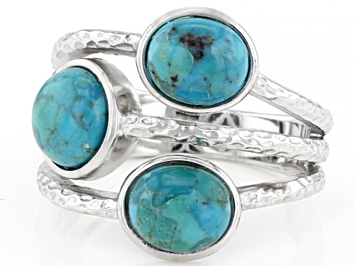 7x6mm Oval And 7mm Round Turquoise Rhodium Over Sterling Silver 3-Stone Ring - Size 7