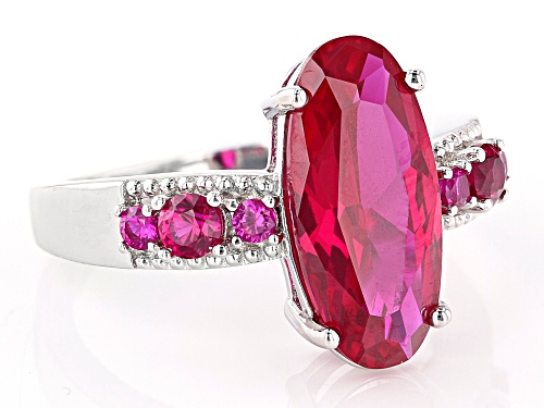 3.40ct Oval And 0.37ctw Round Lab Created Ruby Rhodium Over Sterling Silver Ring - Size 8