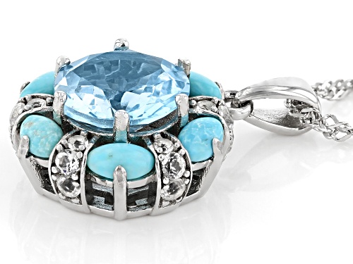 3.63ct Glacier Topaz(TM), 5x3mm Turquoise And 0.51ctw Topaz Rhodium Over Silver Pendant With Chain