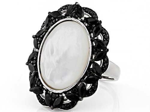 18x13mm Oval Mother Of Pearl With 2.13ctw Black Spinel Rhodium Over Silver Ring - Size 7