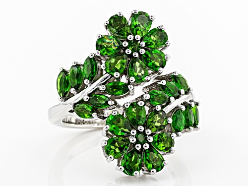 2.97ctw Mixed Shape Chrome Diopside Rhodium Over Silver Flower Bypass Ring - Size 7