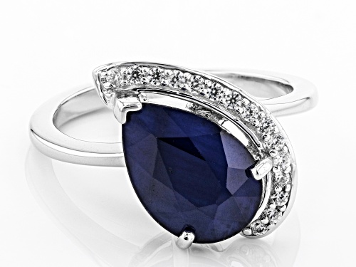 3.06ct Pear Shape Blue Sapphire with .12ctw Round White Zircon Rhodium Over Sterling Silver Ring - Size 8