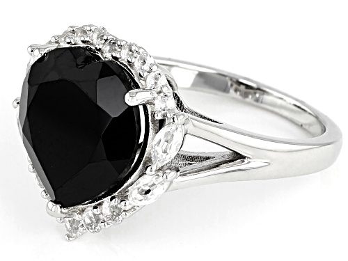 6.35ct Heart Shape Black Spinel With .67ctw White Topaz Rhodium Over Sterling Silver Ring - Size 8
