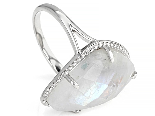 22x14mm Fancy Shape, Checkerboard Cut Rainbow Moonstone Solitaire, Rhodium Over Silver Ring - Size 7