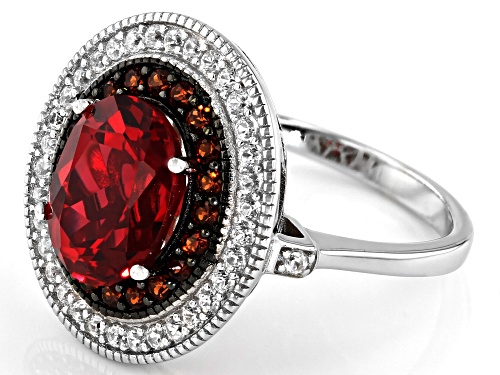 3.32ct Oval Lab Padparadscha Sapphire, .30ctw Garnet & .42ctw White Zircon Rhodium Over Silver Ring - Size 5